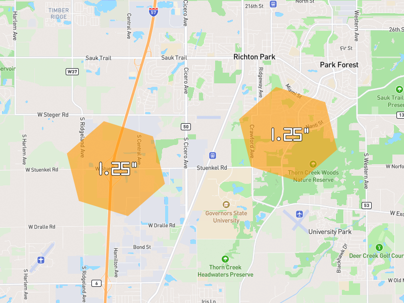 Hail map of Richton Park, IL on Jul 9, 2026, hail up to 1.25"