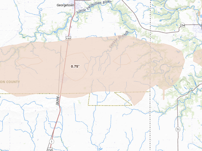 Radar-estimated hail-size map of the storm over Ridge Farm, IL on Mar 22, 2026