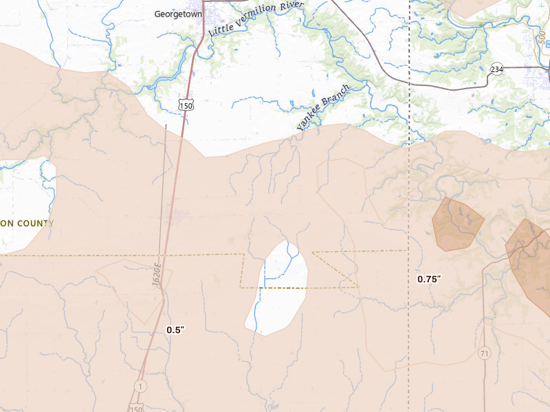 Radar-estimated hail-size map of the storm over Ridge Farm, IL on Aug 11, 2026