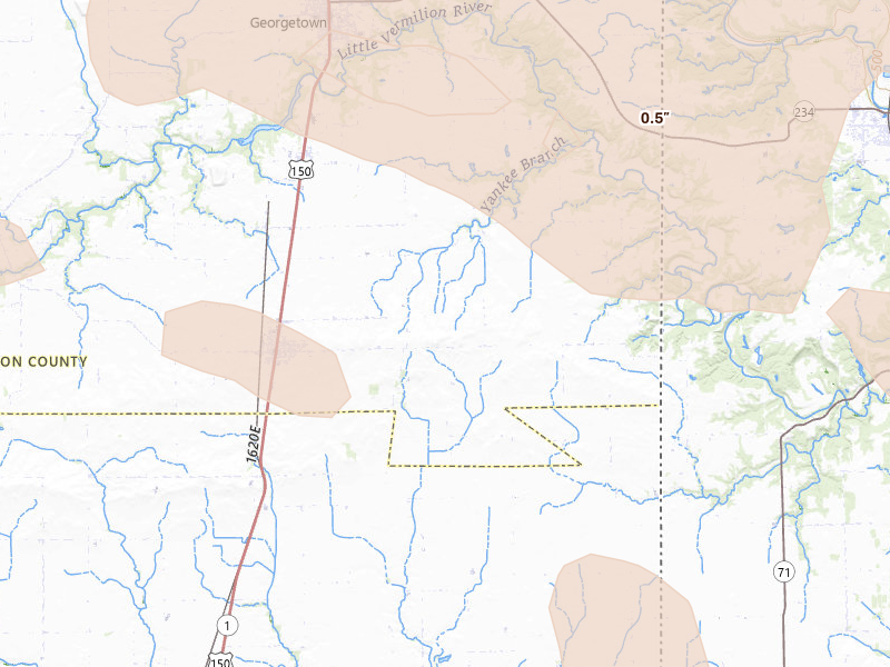 Radar-estimated hail-size map of the storm over Ridge Farm, IL on Aug 13, 2026