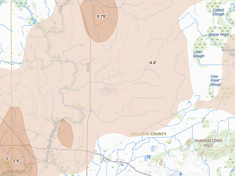 Radar-estimated hail-size map of the storm over Ridgway, IL on Apr 27, 2026