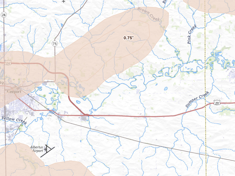 Radar-estimated hail-size map of the storm over Ridott, IL on Jul 3, 2026