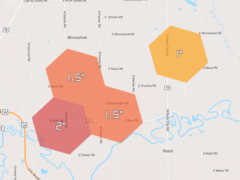 Hail map of Ridott, IL on Jul 3, 2026, hail up to 2"