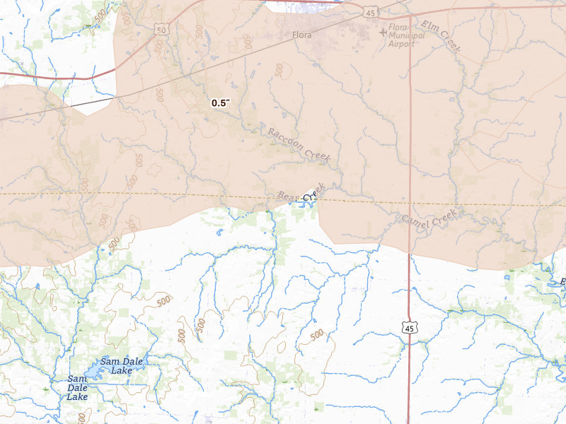 Radar-estimated hail-size map of the storm over Rinard, IL on Apr 27, 2026