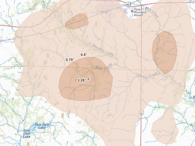 Radar-estimated hail-size map of the storm over Rinard, IL on Jul 3, 2026