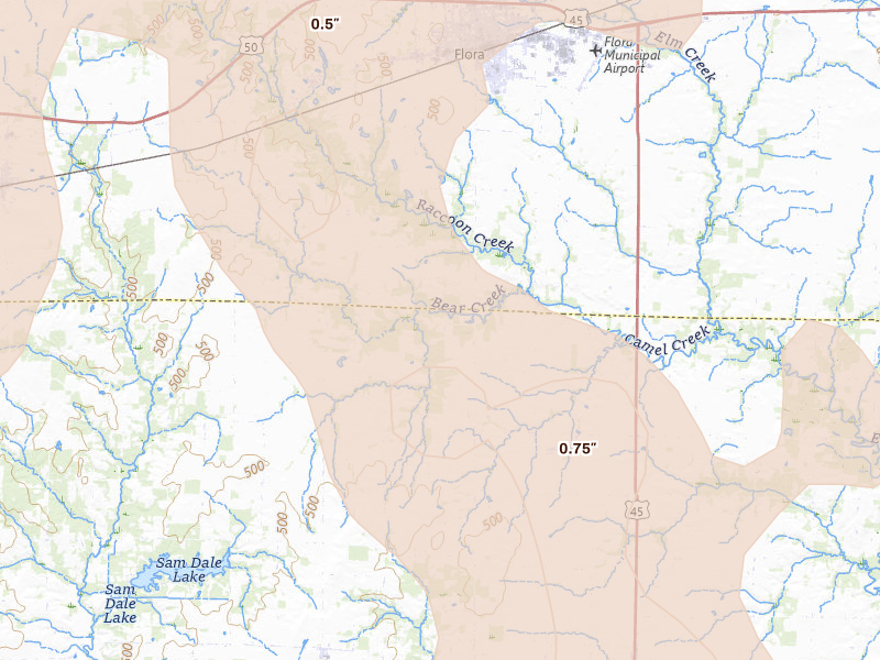 Radar-estimated hail-size map of the storm over Rinard, IL on Jul 26, 2026
