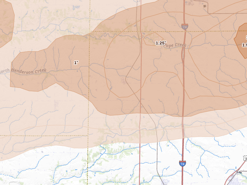 Radar-estimated hail-size map of the storm over Rio, IL on Mar 10, 2026
