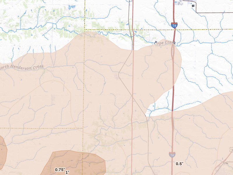 Radar-estimated hail-size map of the storm over Rio, IL on Jun 11, 2026