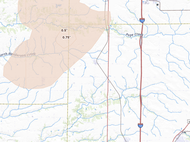 Radar-estimated hail-size map of the storm over Rio, IL on Jul 2, 2026
