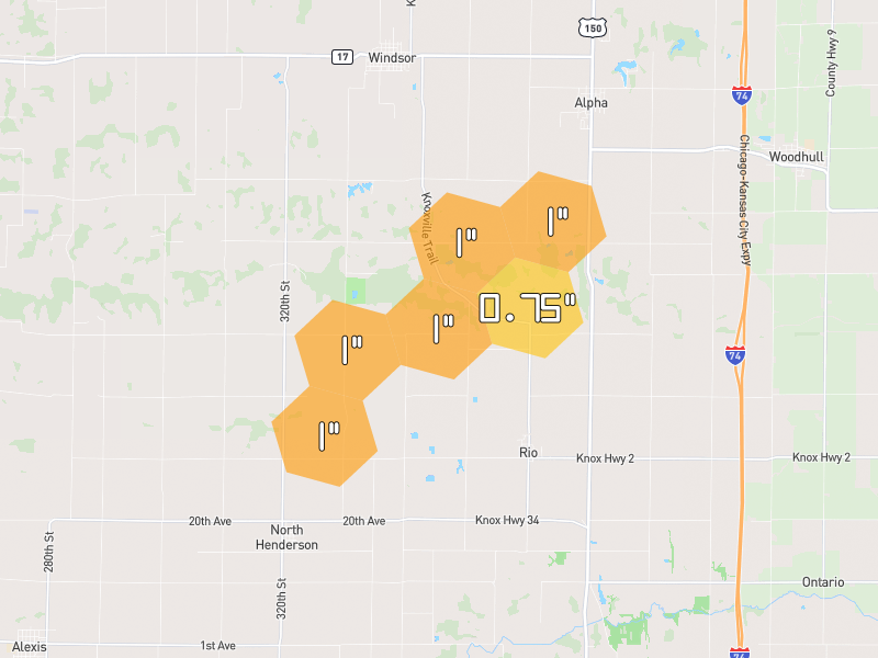 Hail map of Rio, IL on Jul 3, 2026, hail up to 1"