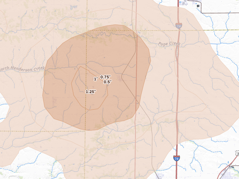 Radar-estimated hail-size map of the storm over Rio, IL on Aug 12, 2026