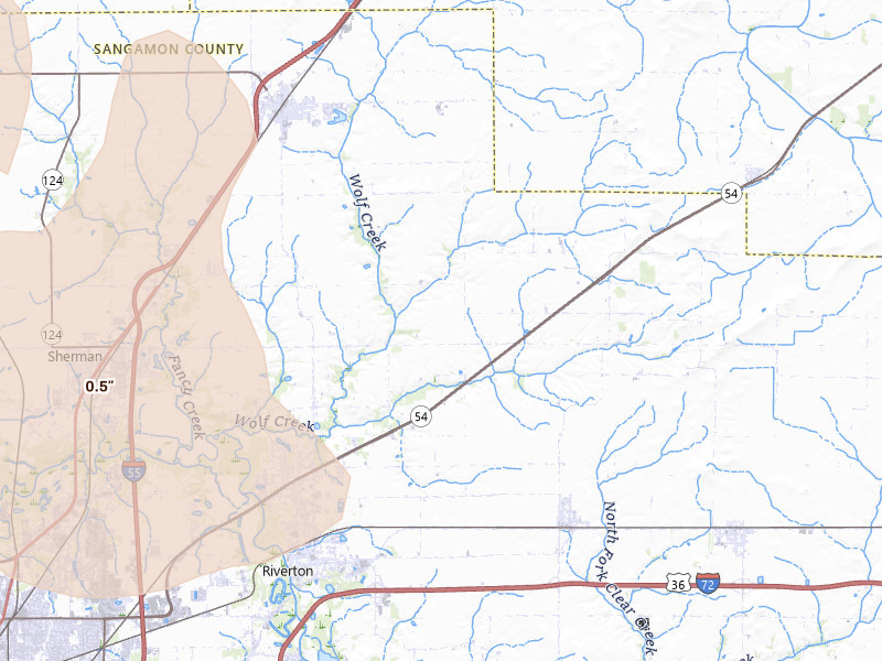 Radar-estimated hail-size map of the storm over Riverton, IL on May 4, 2026
