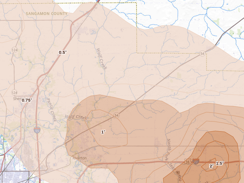 Radar-estimated hail-size map of the storm over Riverton, IL on Jun 17, 2026