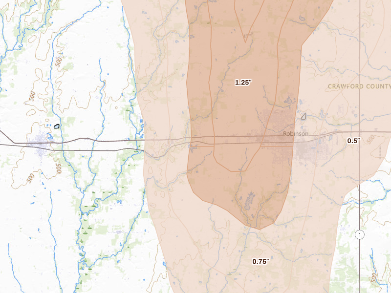 Radar-estimated hail-size map of the storm over Robinson, IL on Jul 27, 2026