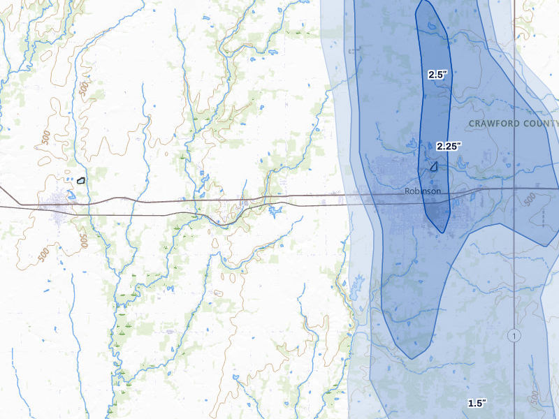 NEXRAD radar-signature map of the hail storm over Robinson, IL on Jul 27, 2026