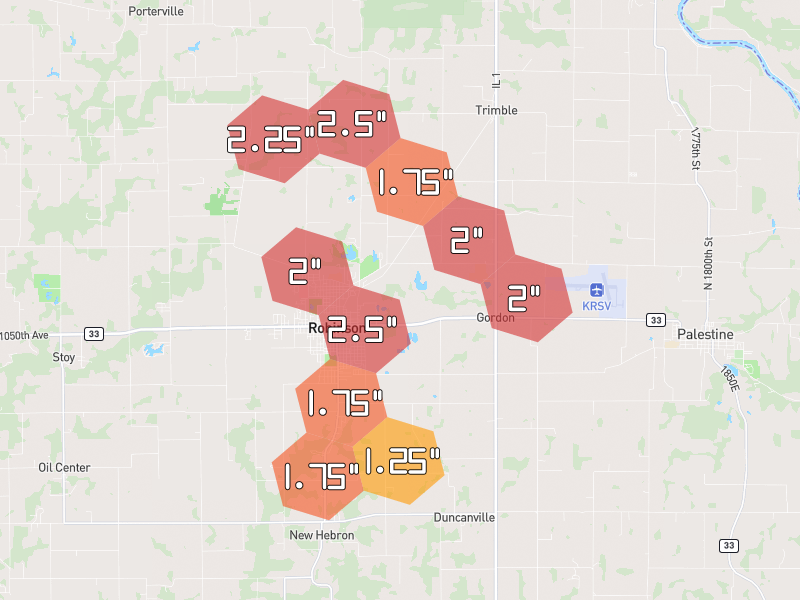 Hail map of Robinson, IL on Jul 28, 2026, hail up to 2.5"