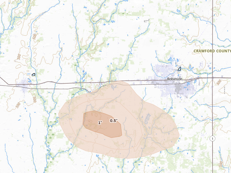 Radar-estimated hail-size map of the storm over Robinson, IL on Aug 13, 2026