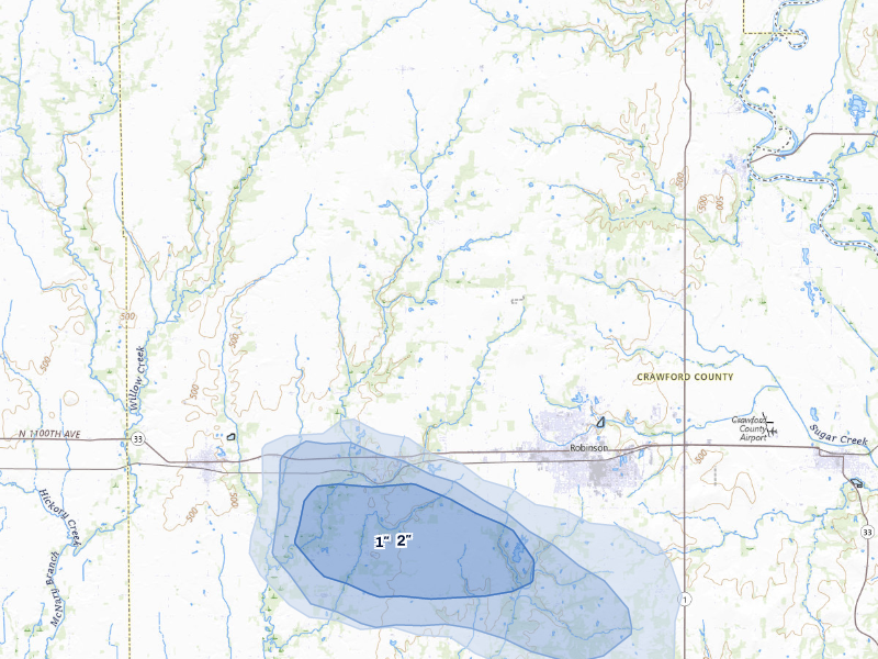 NEXRAD radar-signature map of the hail storm over Robinson, IL on Aug 13, 2026