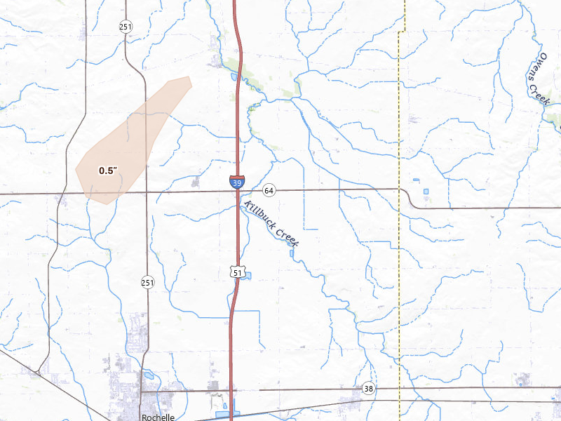 Radar-estimated hail-size map of the storm over Rochelle, IL on Apr 2, 2026