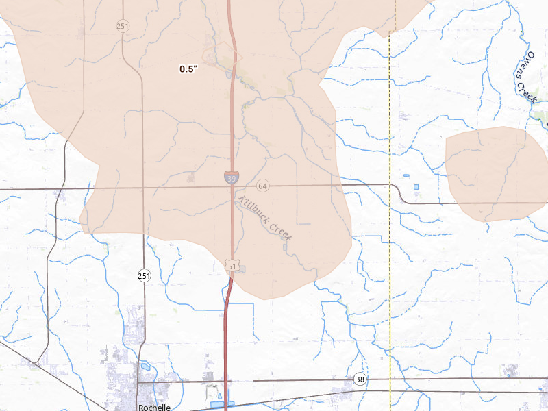 Radar-estimated hail-size map of the storm over Rochelle, IL on Jun 11, 2026