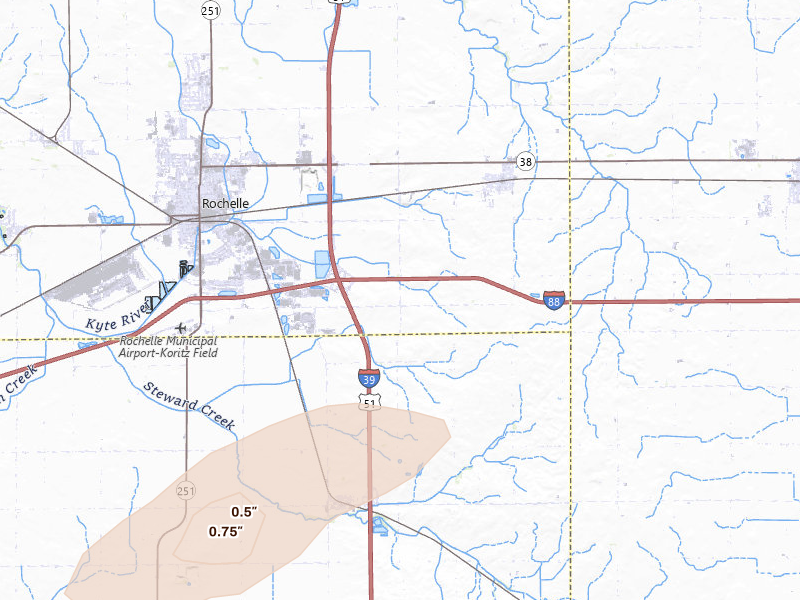 Radar-estimated hail-size map of the storm over Rochelle, IL on Jul 2, 2026