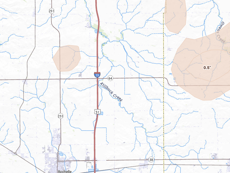 Radar-estimated hail-size map of the storm over Rochelle, IL on Jul 3, 2026