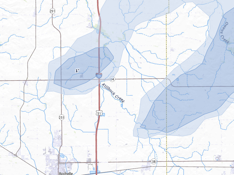 NEXRAD radar-signature map of the hail storm over Rochelle, IL on Jul 3, 2026