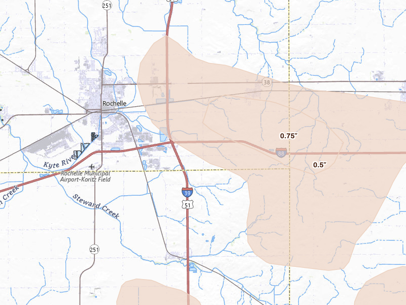 Radar-estimated hail-size map of the storm over Rochelle, IL on Aug 11, 2026