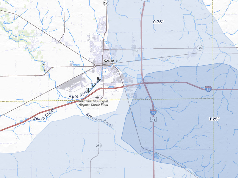NEXRAD radar-signature map of the hail storm over Rochelle, IL on Aug 11, 2026