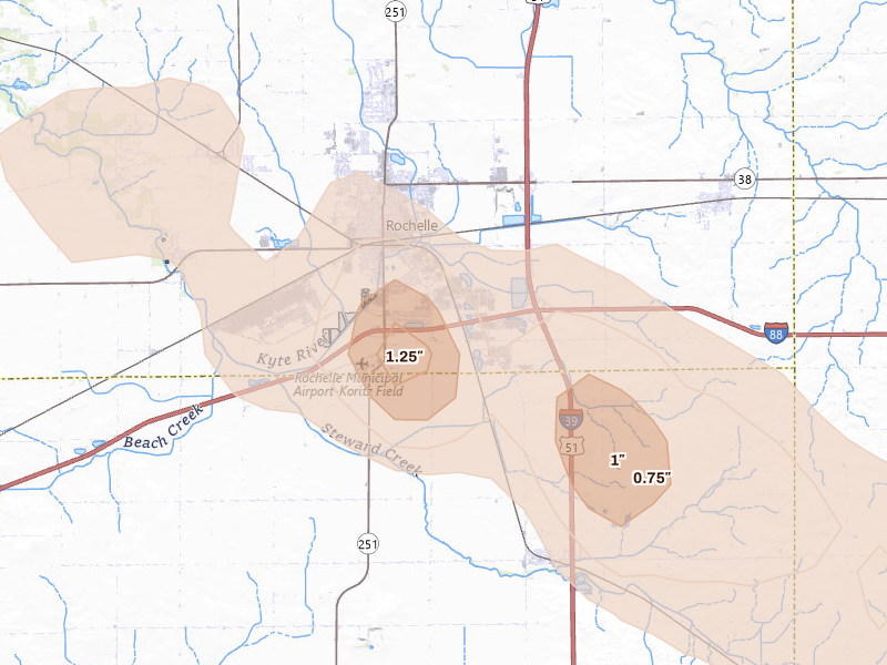 Radar-estimated hail-size map of the storm over Rochelle, IL on Aug 21, 2026