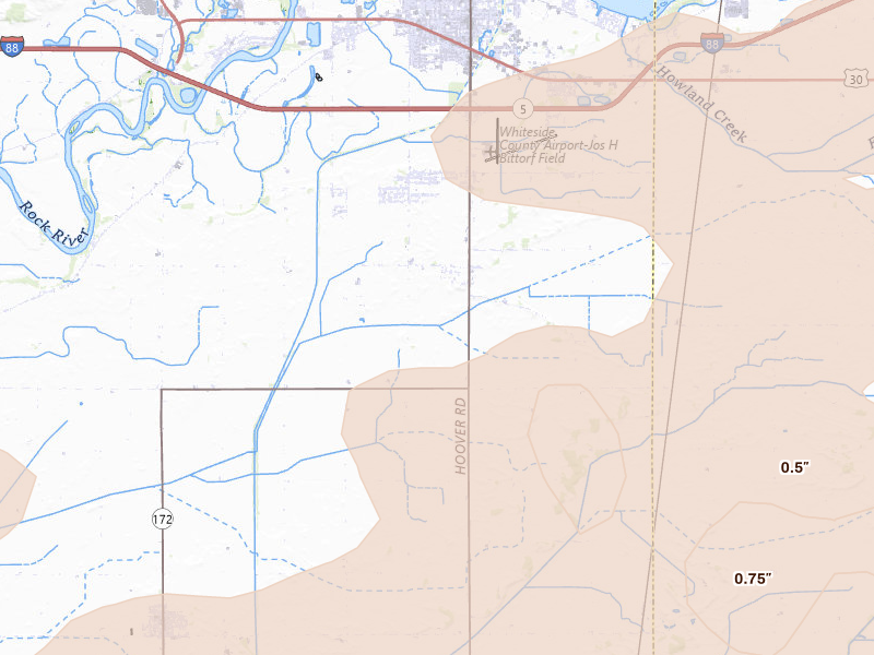 Radar-estimated hail-size map of the storm over Rock Falls, IL on Aug 11, 2026
