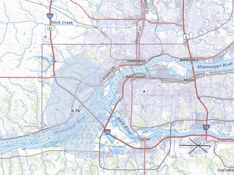 NEXRAD radar-signature map of the hail storm over Rock Island, IL on Mar 30, 2026