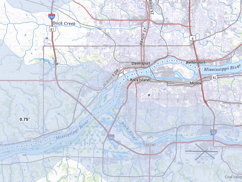 NEXRAD radar-signature map of the hail over Rock Island, IL