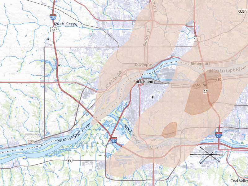 Radar-estimated hail-size map of the storm over Rock Island, IL on May 17, 2026