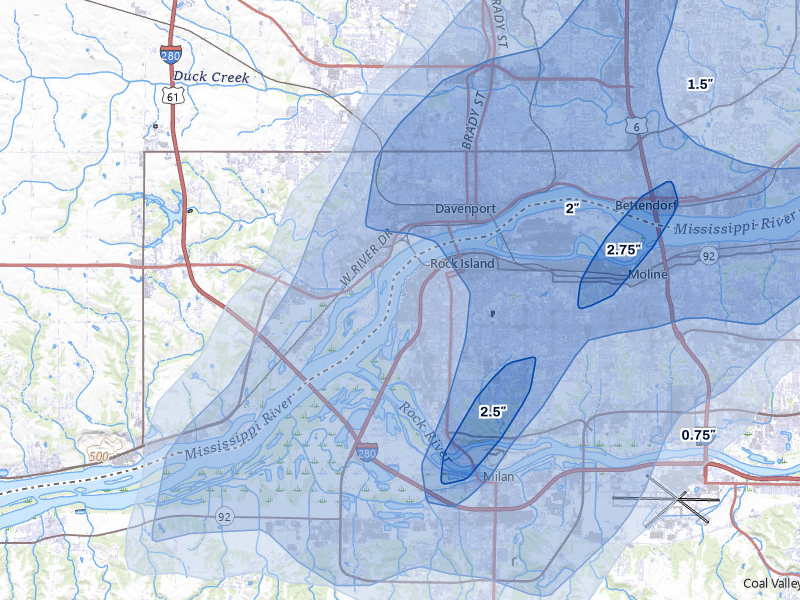 NEXRAD radar-signature map of the hail storm over Rock Island, IL on May 17, 2026