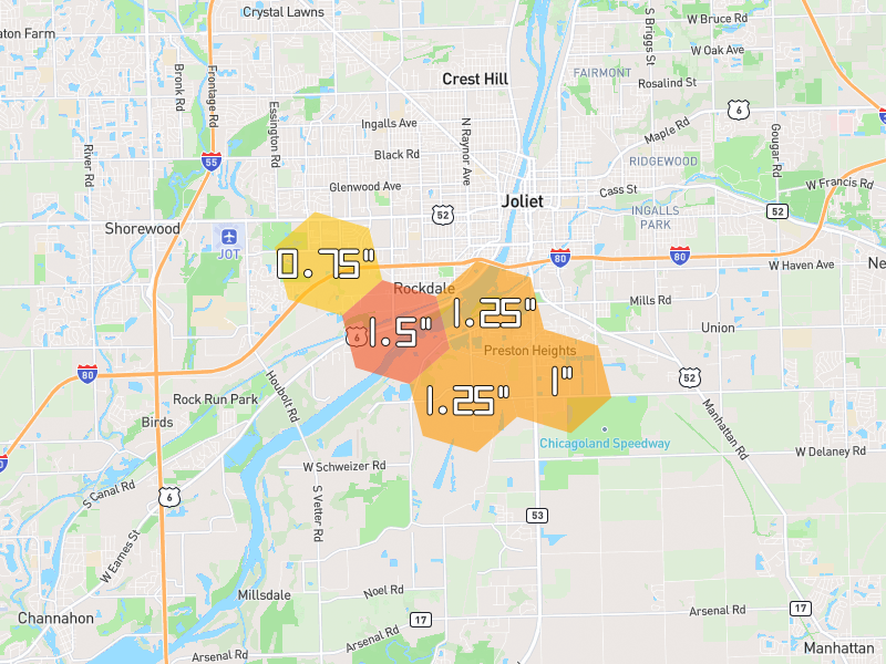 Hail map of Rockdale, IL on Jul 3, 2026, hail up to 1.5"