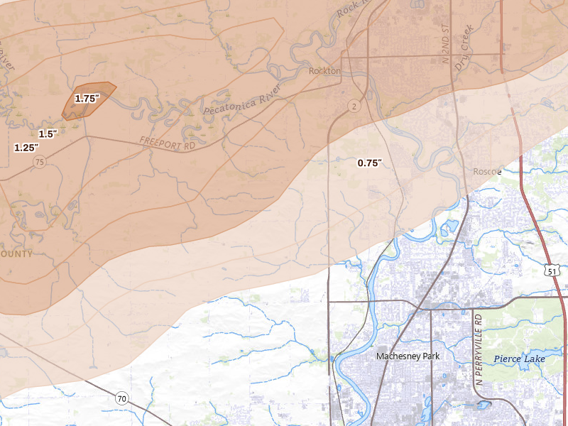 Radar-estimated hail-size map of the storm over Rockford, IL on Apr 17, 2026