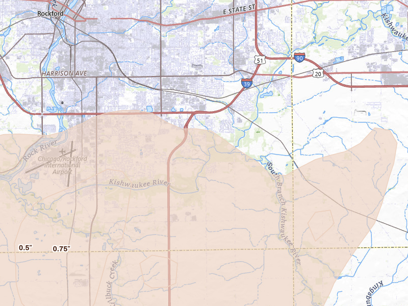 Radar-estimated hail-size map of the storm over Rockford, IL on Jun 10, 2026