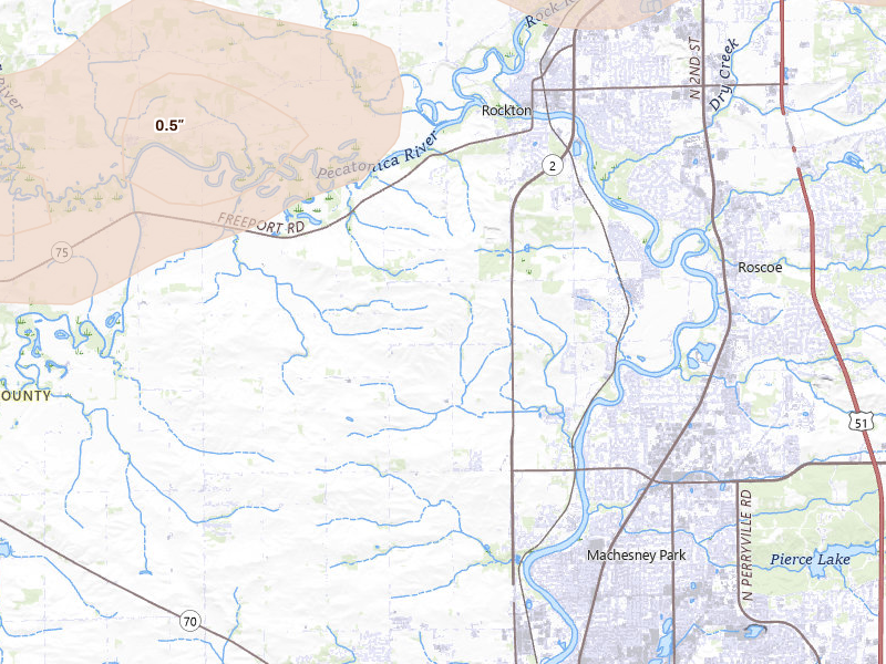Radar-estimated hail-size map of the storm over Rockford, IL on Jul 3, 2026