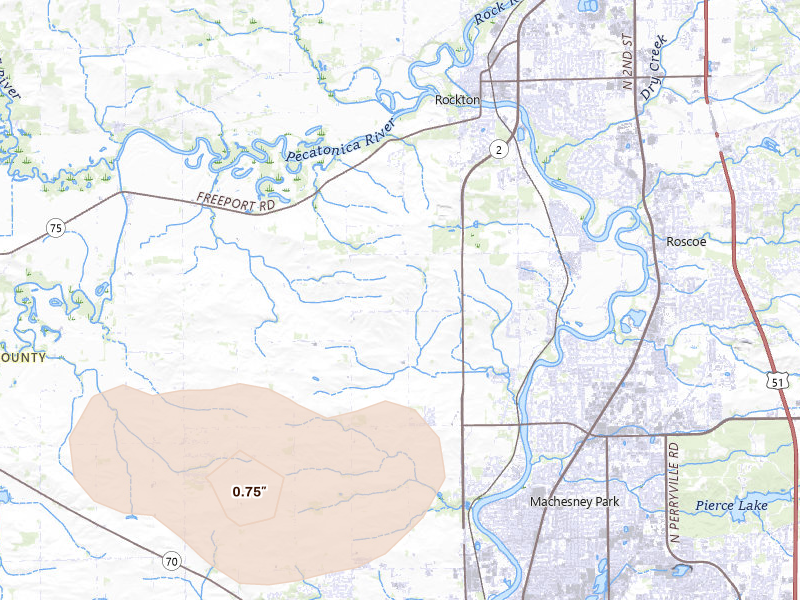 Radar-estimated hail-size map of the storm over Rockford, IL on Aug 21, 2026