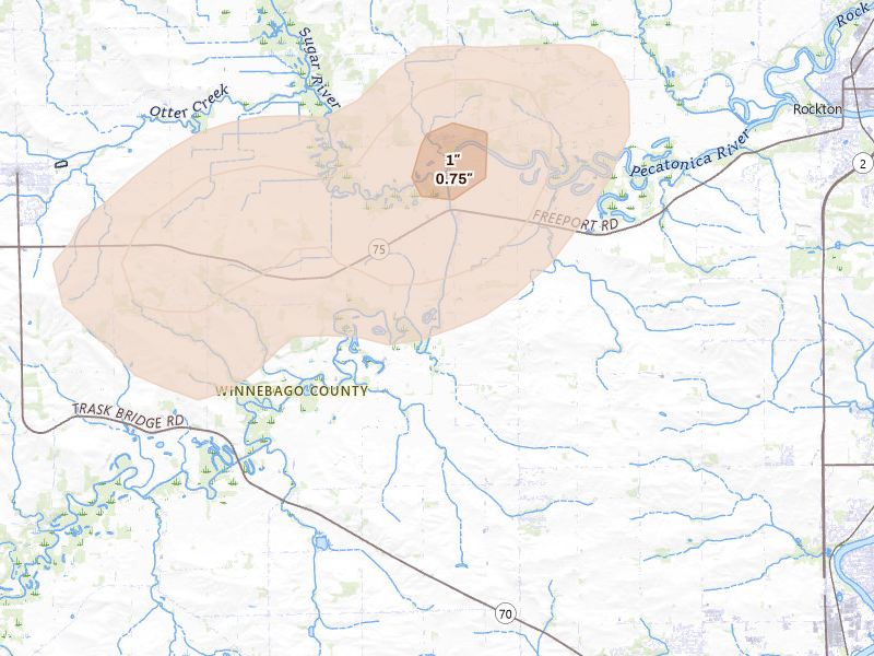 Radar-estimated hail-size map of the storm over Rockton, IL on Mar 10, 2026
