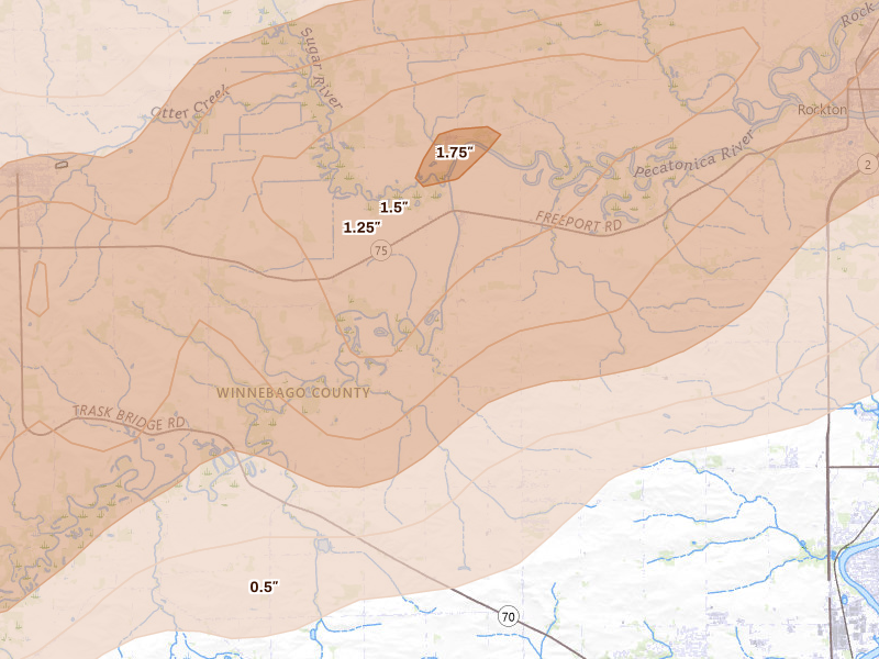 Radar-estimated hail-size map of the storm over Rockton, IL on Apr 17, 2026