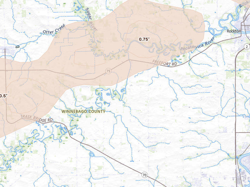 Radar-estimated hail-size map of the storm over Rockton, IL on Jul 3, 2026