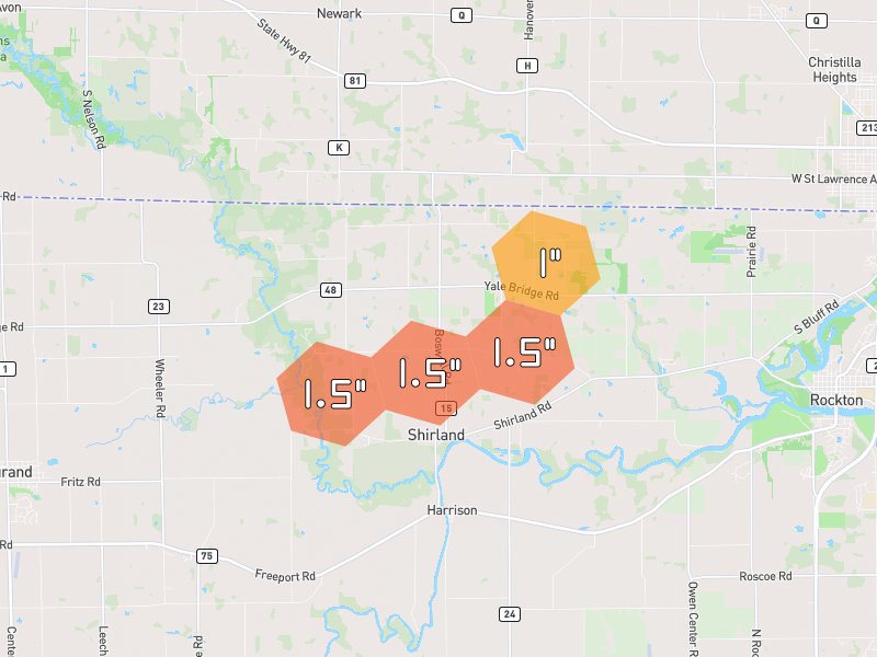 Hail map of Rockton, IL on Jul 3, 2026, hail up to 1.5"
