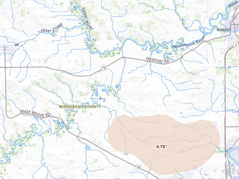 Radar-estimated hail-size map of the storm over Rockton, IL on Aug 21, 2026