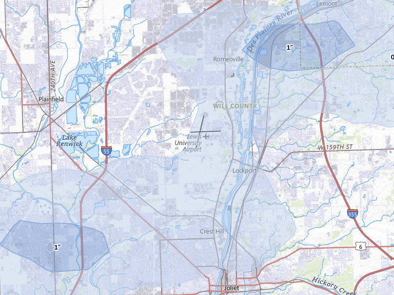 NEXRAD radar-signature map of the hail storm over Romeoville, IL on May 4, 2026