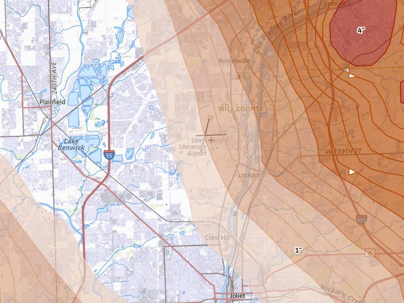 Radar-estimated hail-size map of the storm over Romeoville, IL on Jul 27, 2026