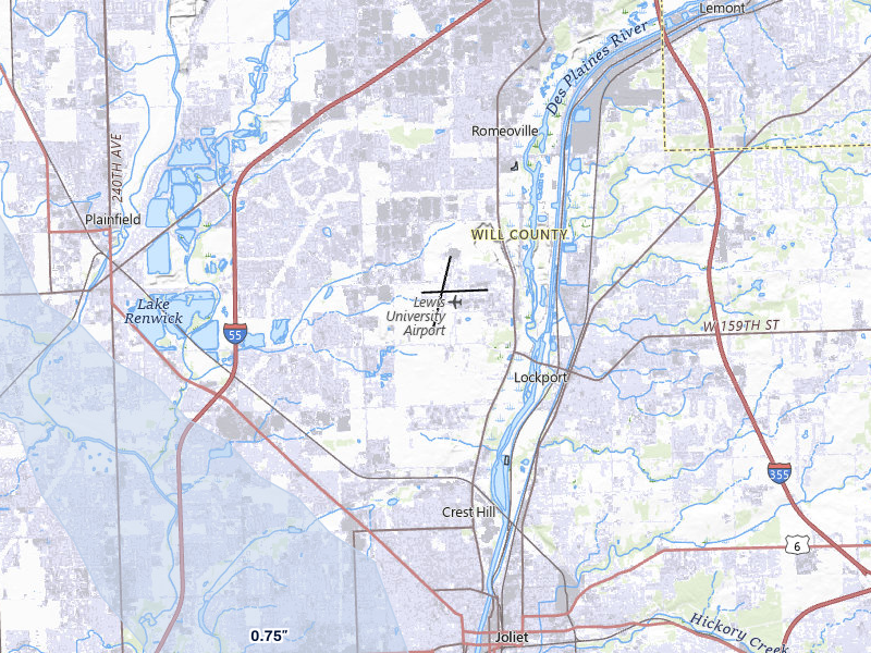 NEXRAD radar-signature map of the hail storm over Romeoville, IL on Jul 27, 2026