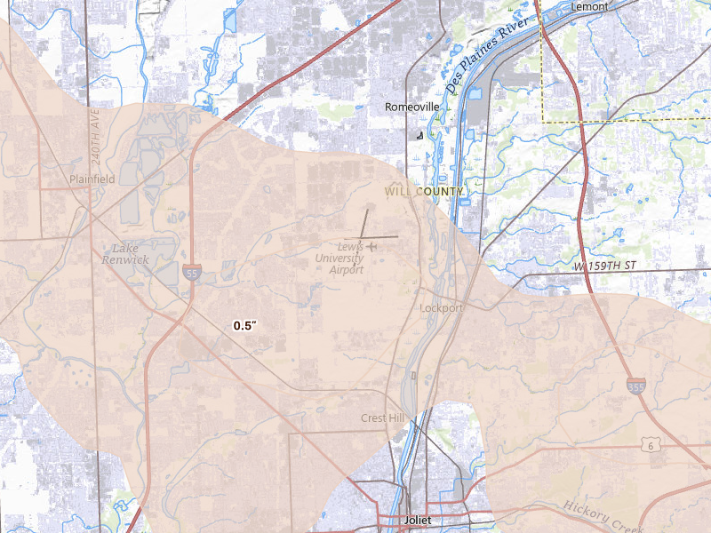 Radar-estimated hail-size map of the storm over Romeoville, IL on Aug 11, 2026