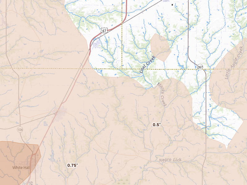 Radar-estimated hail-size map of the storm over Roodhouse, IL on Apr 27, 2026
